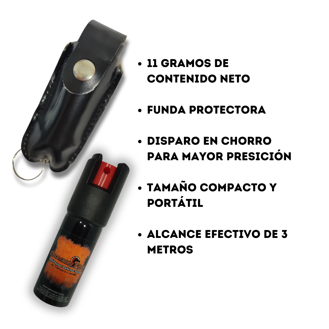 Un gel pimienta con una funda color negra y las siguientes caracteristicas descritas: 11 gramos de contenido neto  funda protectora  disparo en chorro para mayor presición  tamaño compacto y portátil  Alcance efectivo de 3 metros